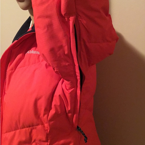 Red/Orange Columbia Down Jacket with Synthetic Fur Hood Trim - Picture 5 of 13